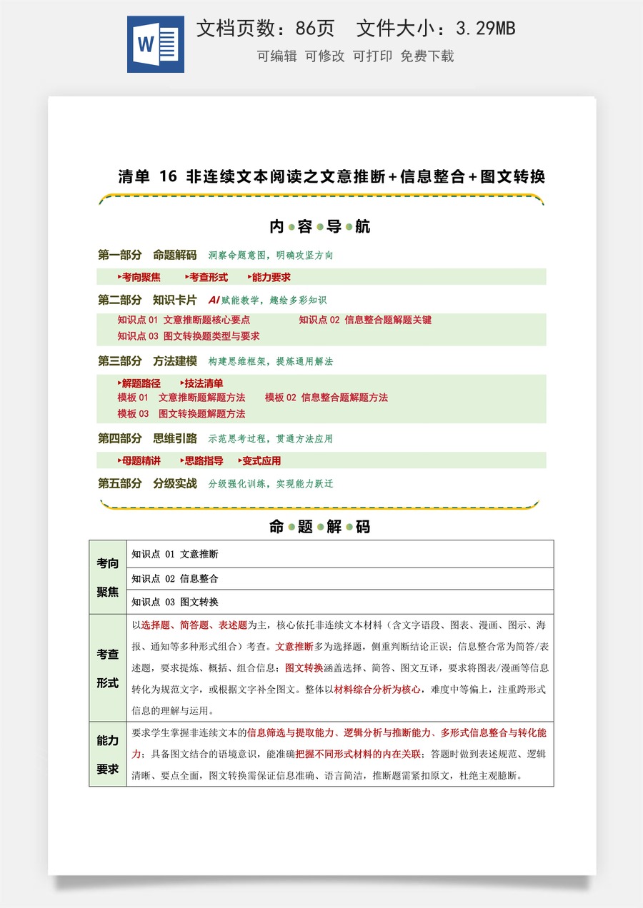 初中-语文-中考语文-二轮复习知识点-清单16 非连续文本阅读之文意推断+信息整合+图文转换（知识·方法·能力清单）（教师版）.docx